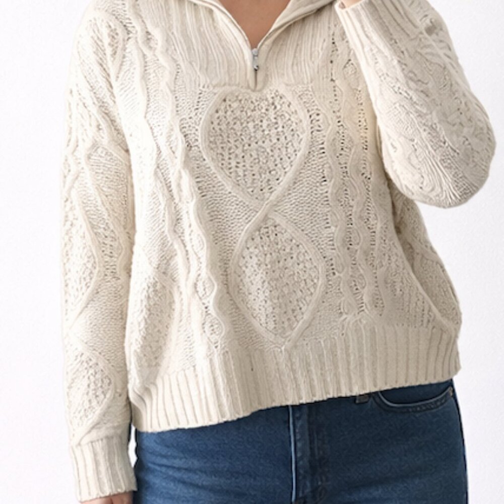 Forever 21 Ivory Cable-Knit Zip Turtleneck Sweater